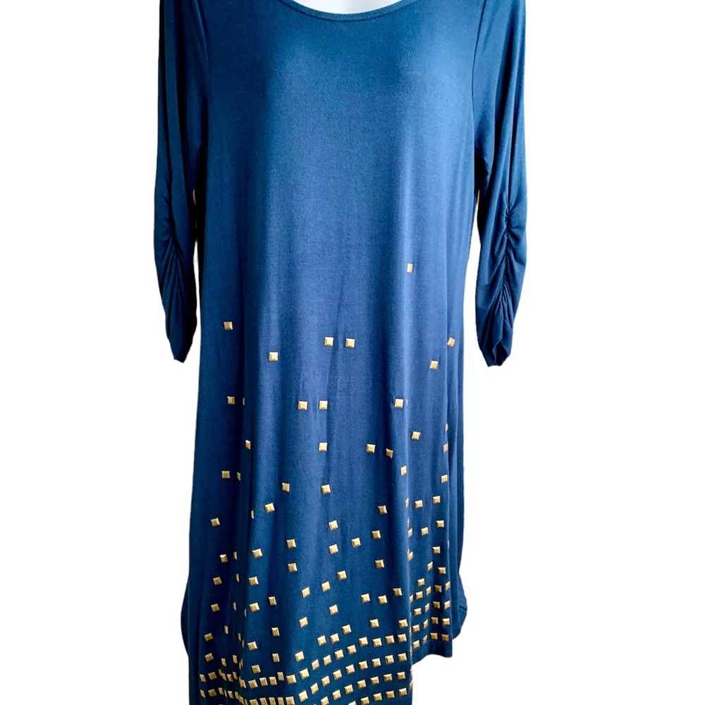 GREEN DRAGON Navy Stretchy Dress with Gold colored Metal Accents, Medium.